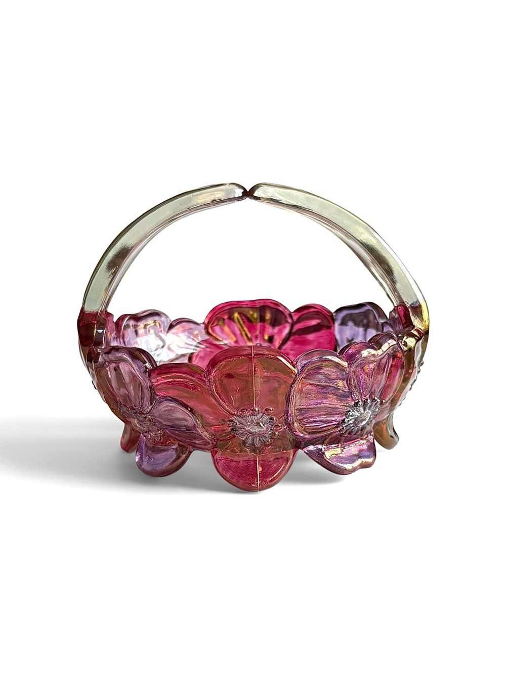 Vintage Westmoreland Dogwood Glass Basket Pink Purple Clear Floral Candy Dish